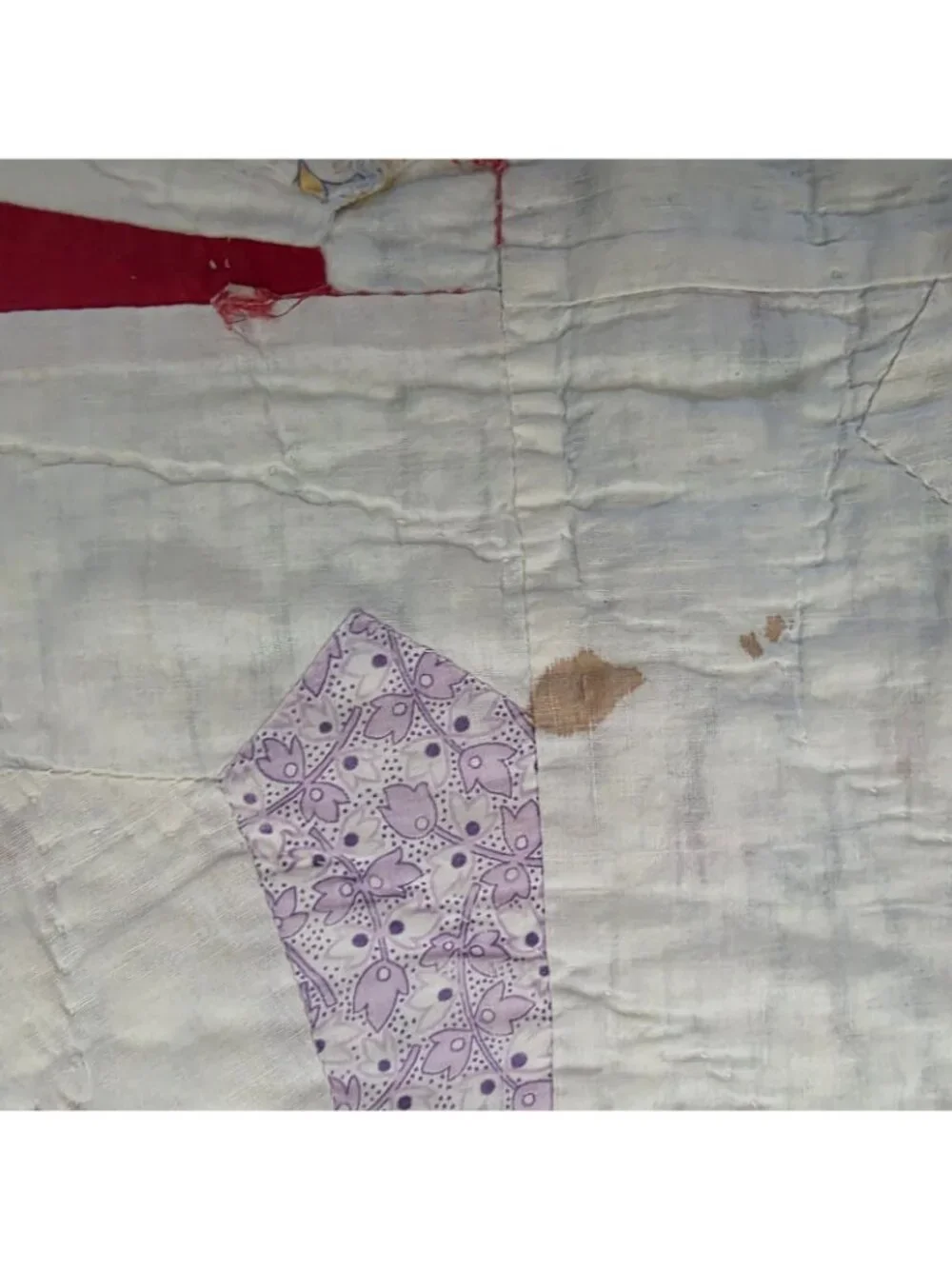 Vintage Handmade Handstitched Fan Quilt Blue Red 84 x 67 Farm Fabric